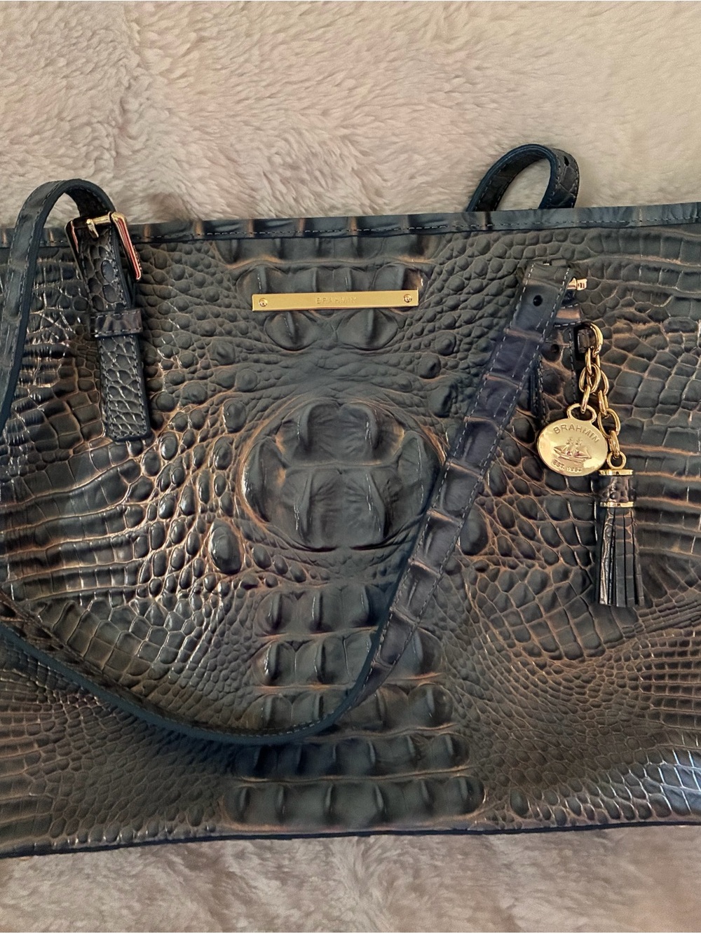 Brahmin Navy Blue Croc-Embossed Leather Tote with Gold Hardware